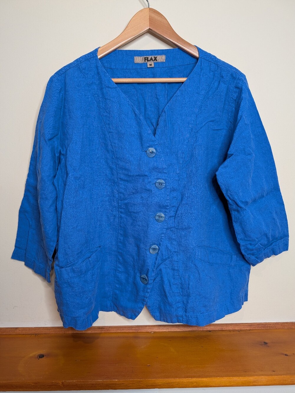 FLAX Linen Jacket Top Womens M Blue Button Front 3/4 Sleeve V-Neck Pockets